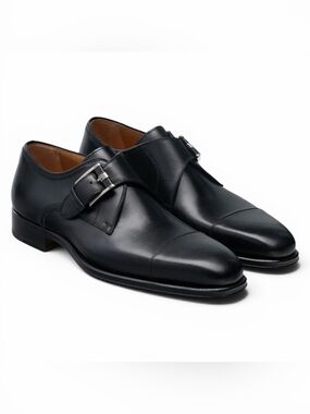 MAGNANNI ✘ Black Double Monk Strap Cap Toe Dress Shoes 7 Leather Spain